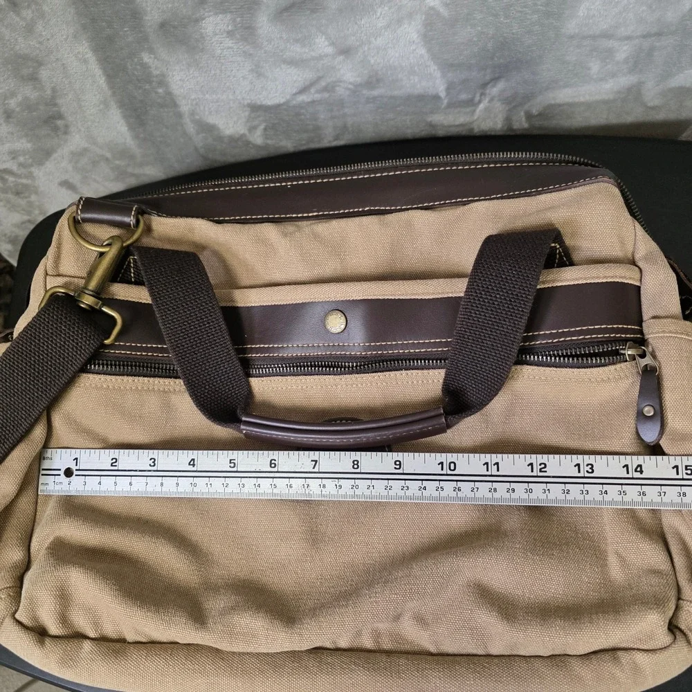 H.S. Trask Canvas Leather Laptop Briefcase Messenger Bag Mens Tan GOOD Travel